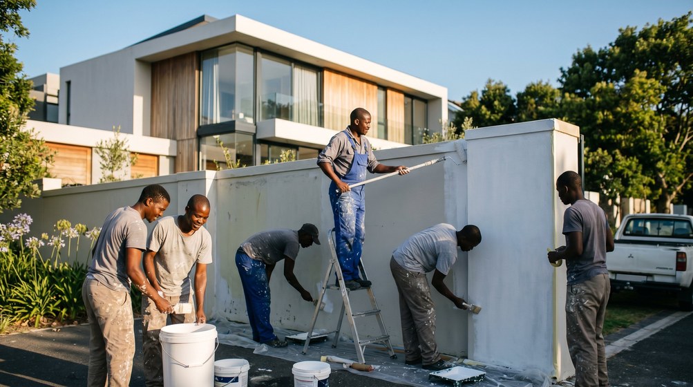 Professional team painting a boundary wall at a modern home in Hout Bay