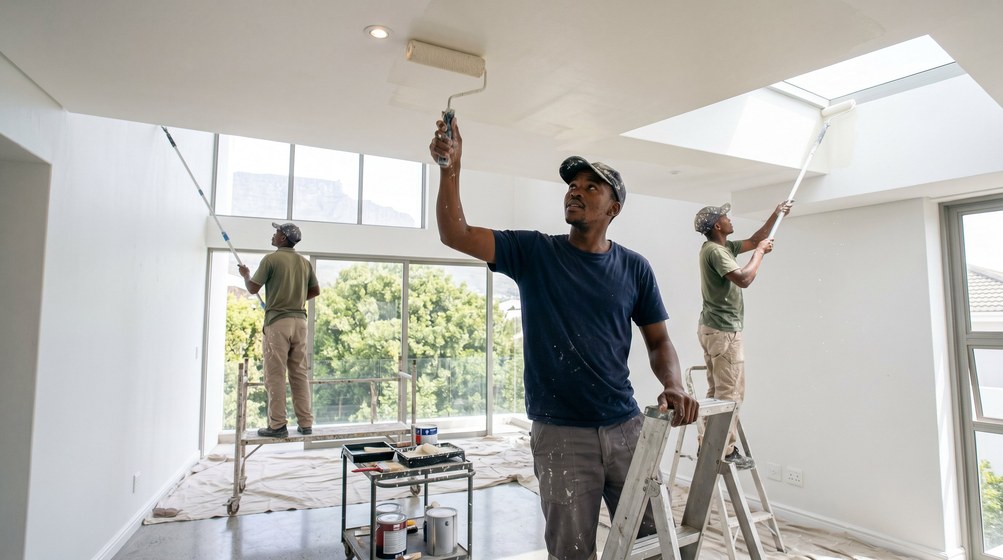 Professional ceiling painters rolling white paint onto a high ceiling in Hout Bay