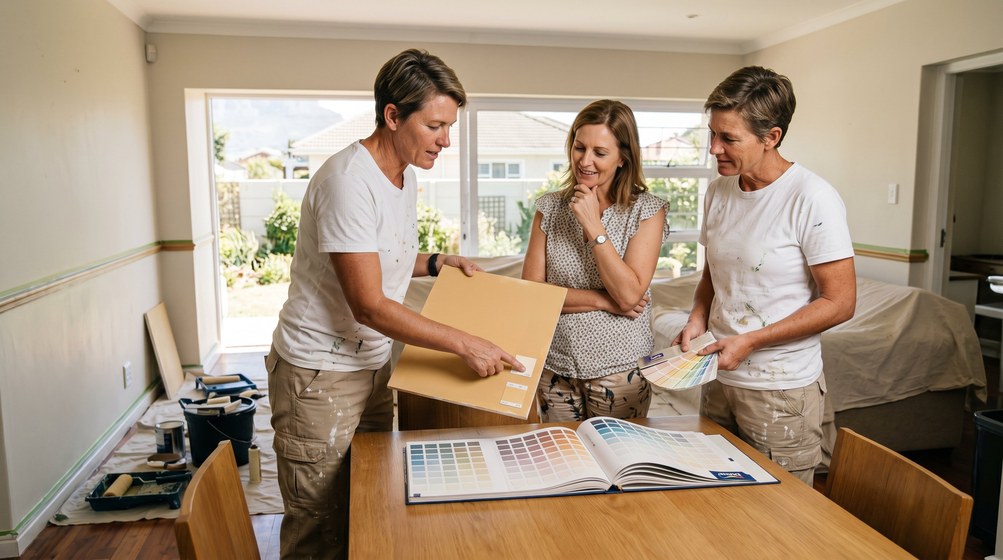 Professional colour consultant showing paint swatches to a homeowner in Hout Bay