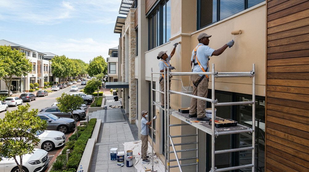 Professional commercial painters on scaffolding painting a building in Hout Bay
