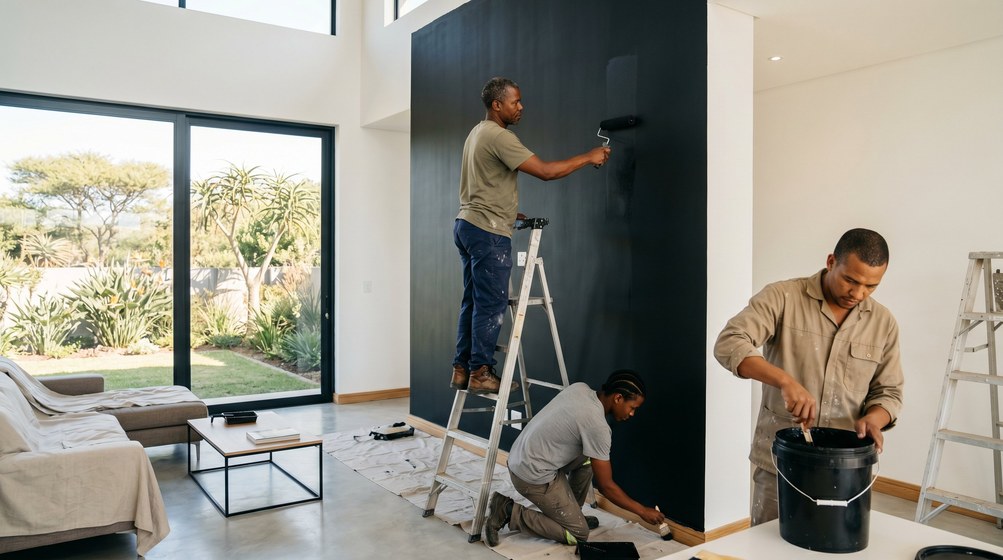 Professional painters creating a bold black feature wall in a modern Hout Bay home
