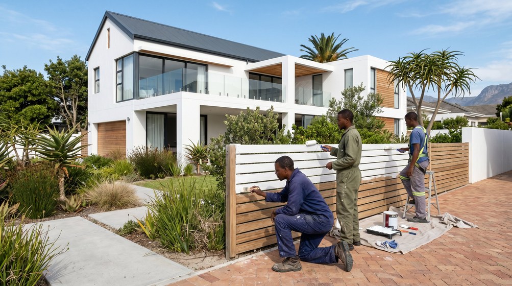 Professional fence painters painting a wooden fence at a Hout Bay home