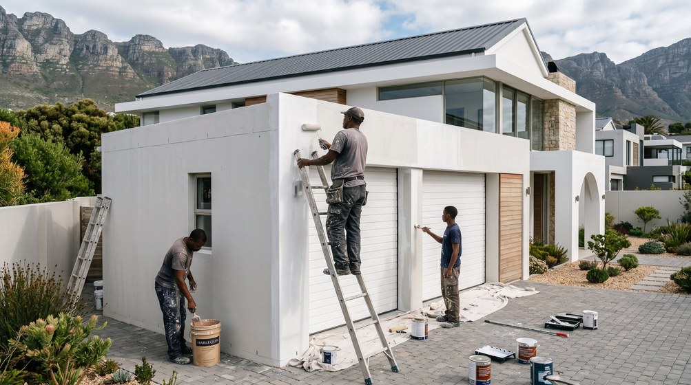 Professional painters painting a double garage exterior and garage doors in Hout Bay