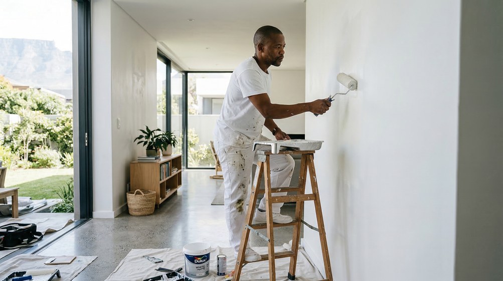 Professional interior painter in Hout Bay painting walls with a roller