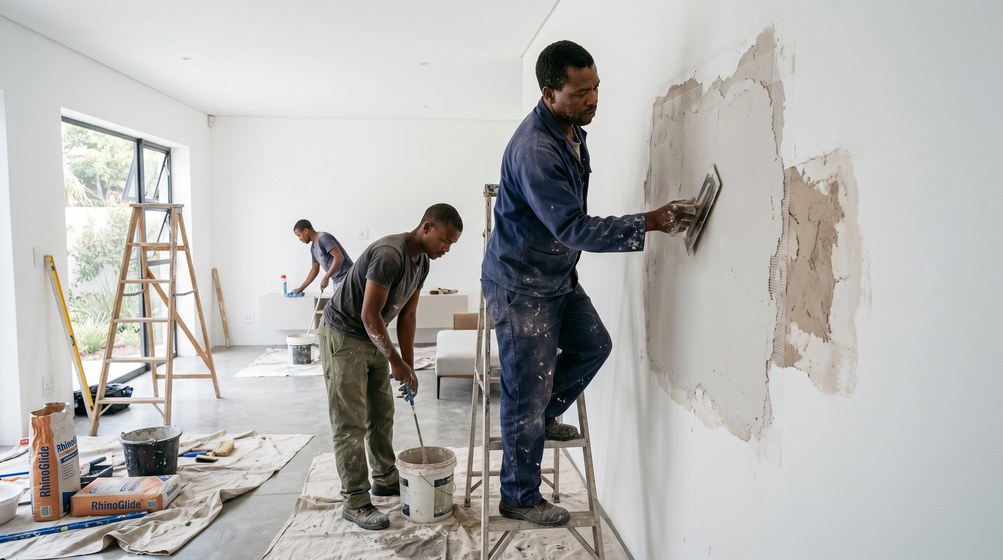 Professional plaster repair team skim coating damaged walls in Hout Bay