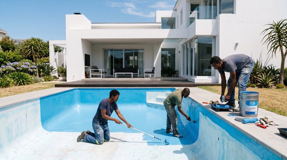 Professional pool painters applying blue pool paint to a swimming pool in Hout Bay