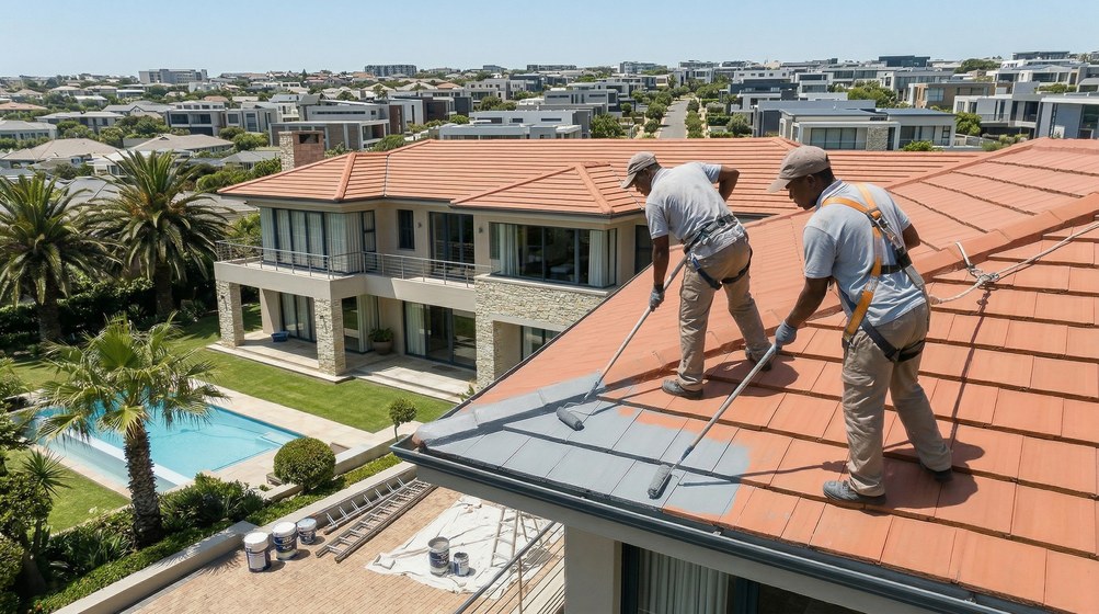 Professional roof painters applying waterproof coating to tiled roof in Hout Bay