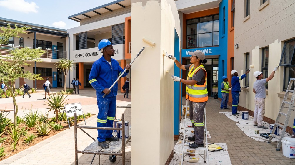 Professional school painting team painting a community school in Hout Bay