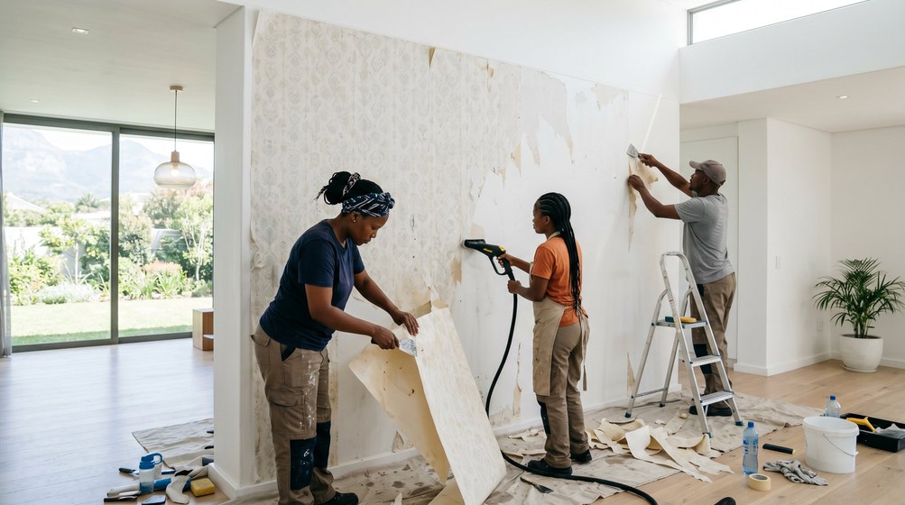 Professional wallpaper removal team stripping old wallpaper in a Hout Bay home