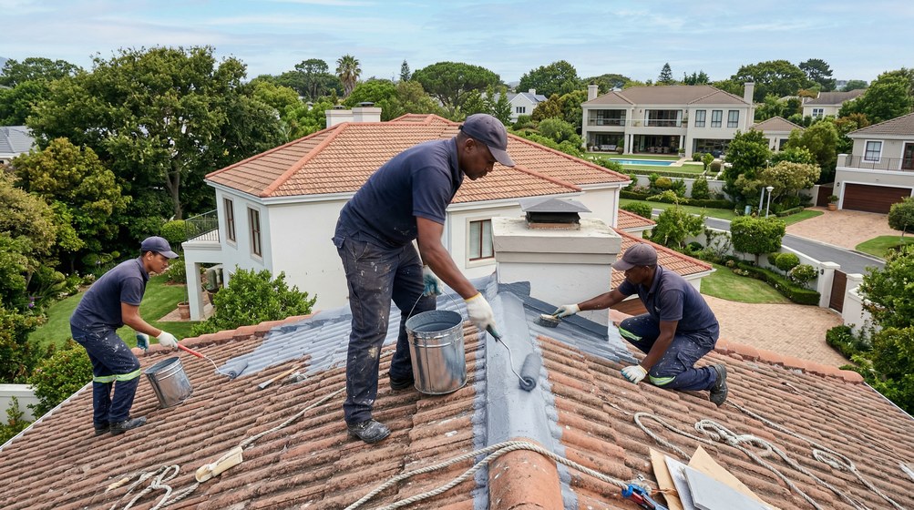 Professional waterproofing team applying membrane to roof in Hout Bay