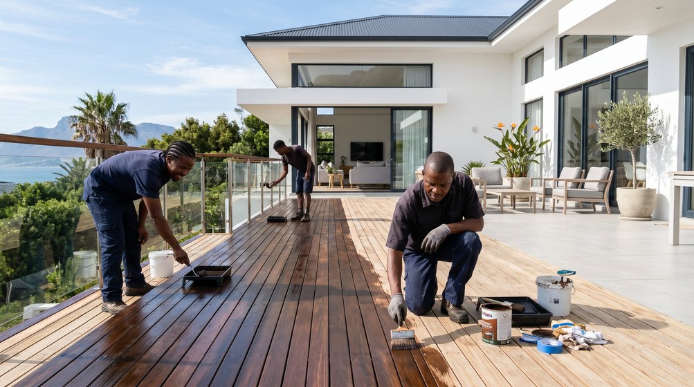 Professional wood staining team applying deck stain on a home in Hout Bay